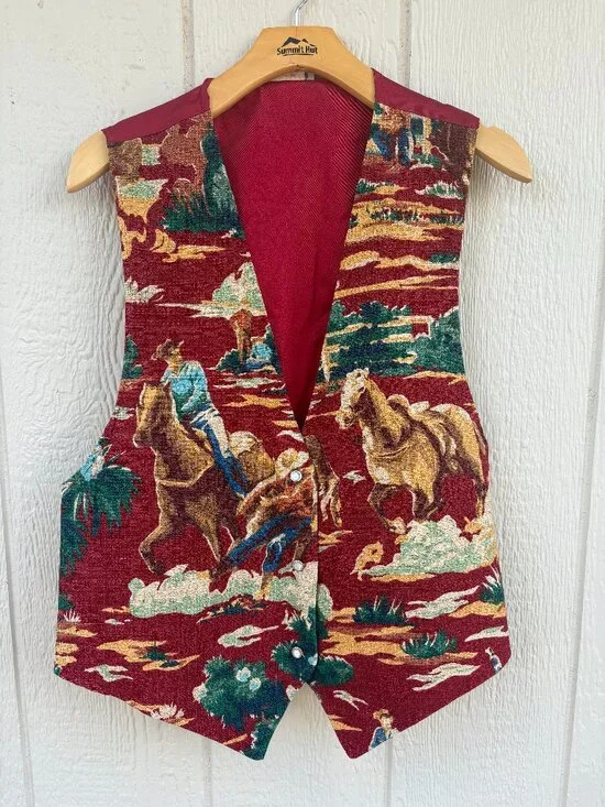 Vintage Mirrors Western Tapestry Vest Women's Large Red Horses Pearl Button 90s - Picture 1 of 10